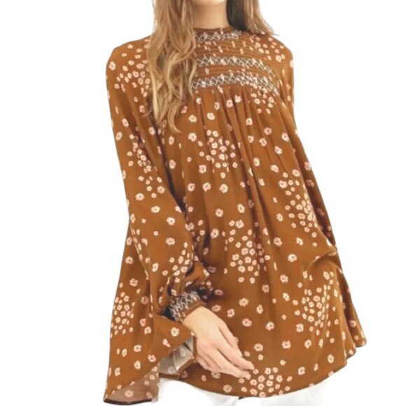 Free People Dresses & Skirts - Free People Flowers in Her Hair Smocked Long Sleeve Tunic Boho Mini Dress XS